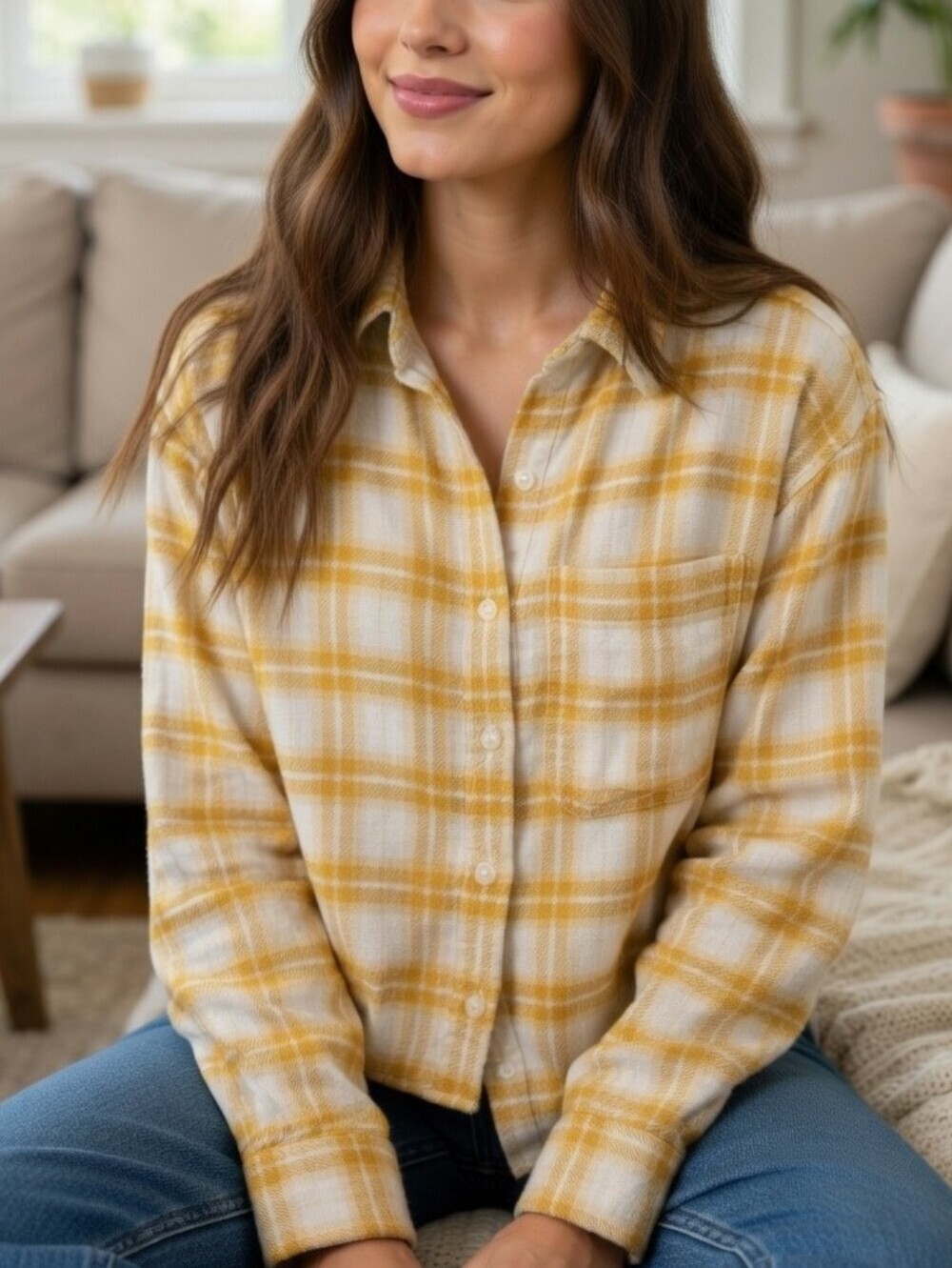 American Eagle Women's Cropped Yellow Plaid Flannel Button-Front Shirt Size XS